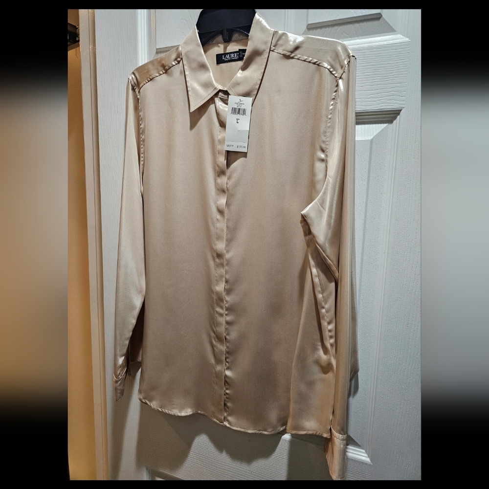 NWT Lauren Ralph Lauren Satin Button-Front Blouse Beige Size L